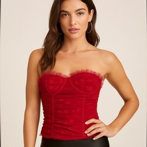 Lulus Red Ruched Polka Dot Bustier Corset Top‎ Strapless Sweetheart Date Night